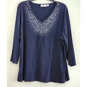 TOP/BLOUSE-QUACKER FACTORY-Navy Blue-V-Neck-Rhinestones-Studs-3/4 Sleeve-XL